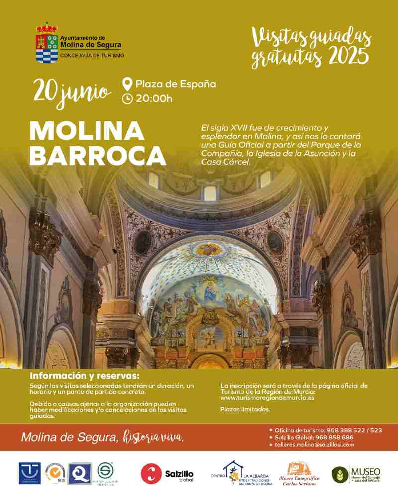 Descubre la visita guiada gratuita 'Molina Barroca' en Molina de Segura el 20 de junio. Una ruta por el patrimonio del siglo XVIII con salida desde la Plaza de España. Inscripción previa necesaria.