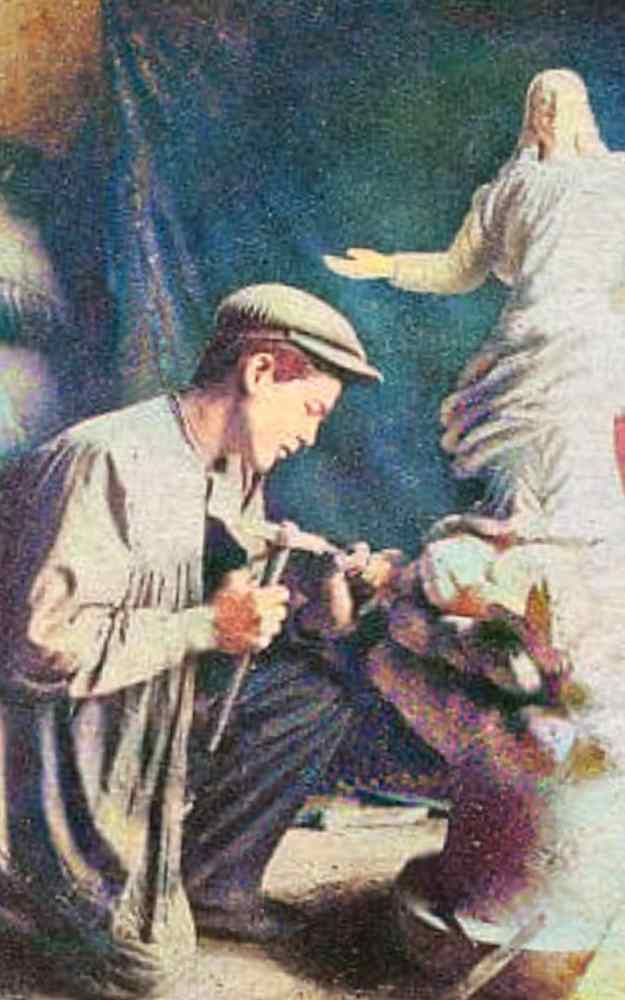 Bernabe Gil escultor de joven tallando con imagen en color