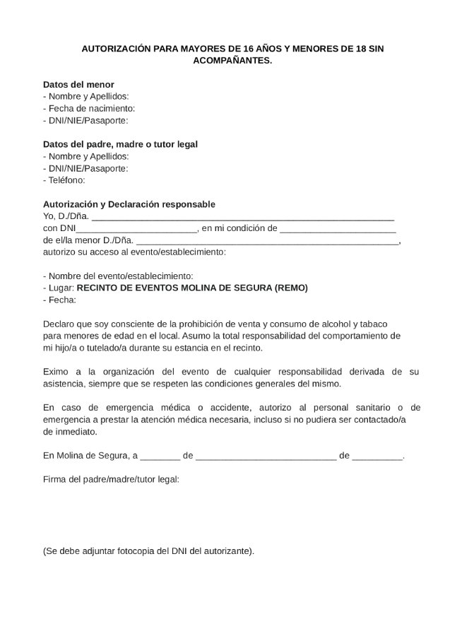 Fiestas Molina 2026-Normas acceso menores a barras en recinto REMO-Autorizaciones mayores 16 y menores de 18