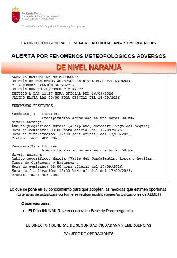boletín de alerta naranja por lluvias 112RM