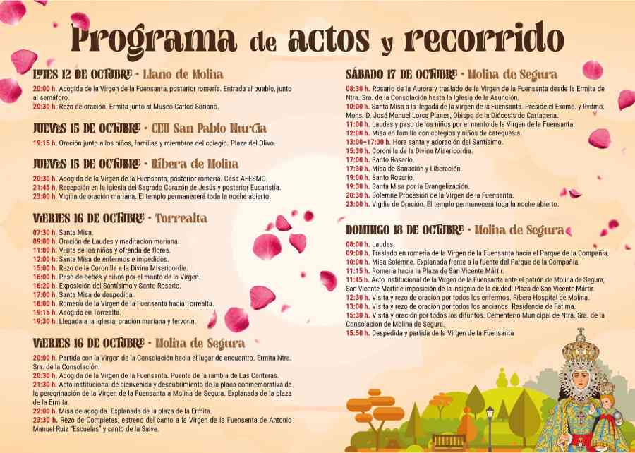 Programa de actos y recorrido de la peregrinación de la Virgen de la Fuensanta por Molina de Segura